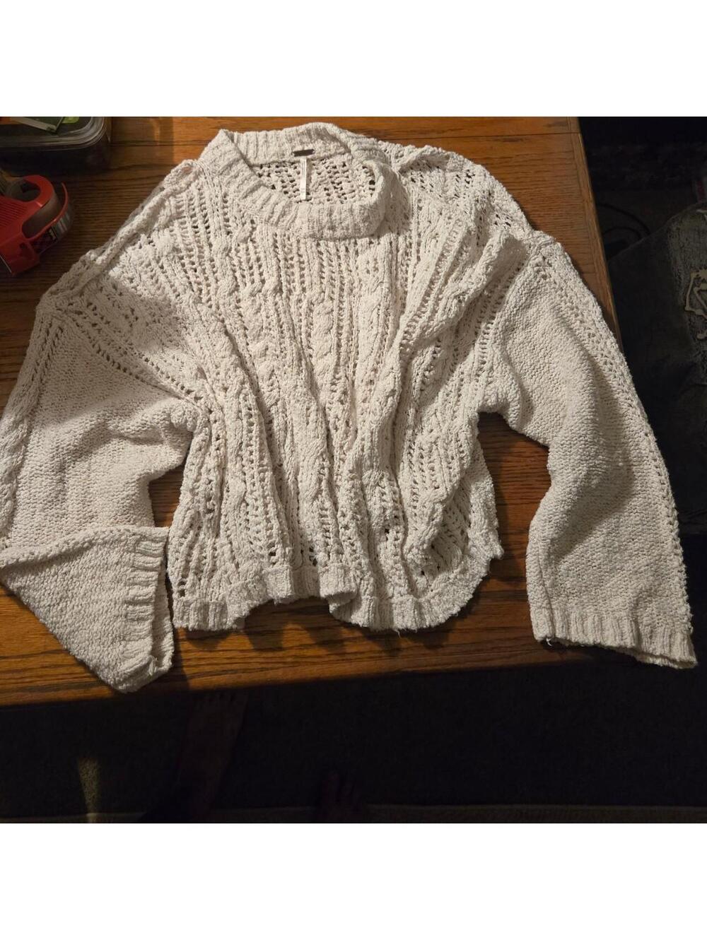 Free People Open Knit bohemian Sweater Off Shoulder Cream XS/S Oversized